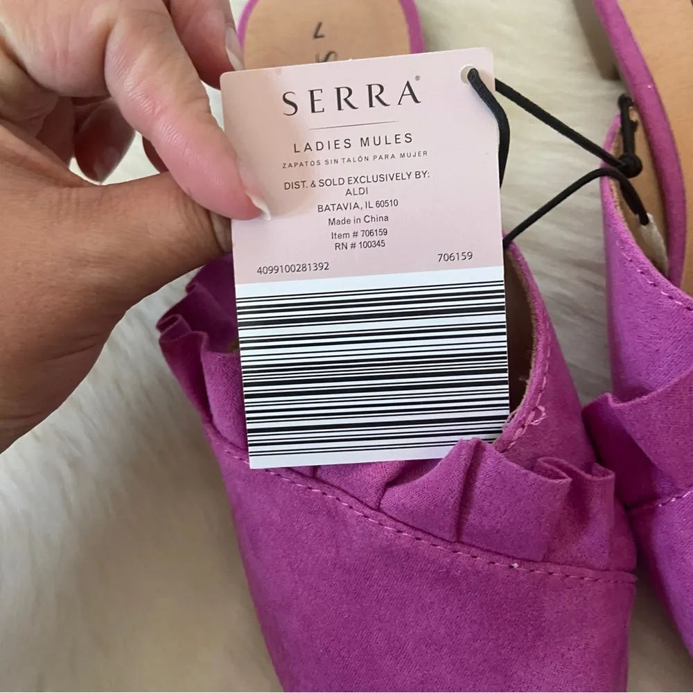 Serra Faux Suede Fuchsia Pointed Toe Ruffle Slip On Mules - Image 2