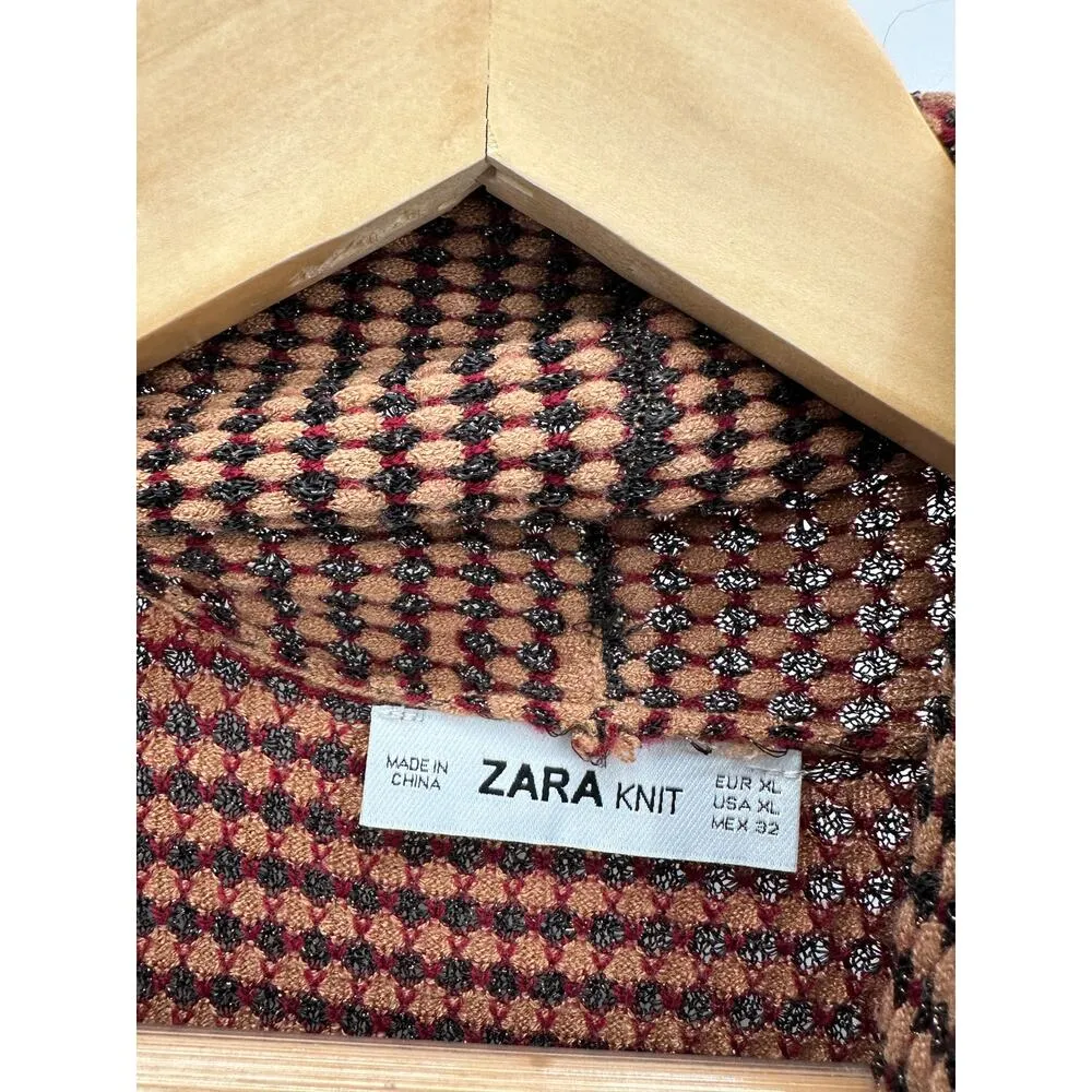 Zara Sweater Women XL Tan Black Red Long Sleeve Open Front Knit Cardigan - Image 6