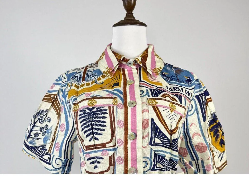 NWOT Farm Rio Linen Cerrado Stamps Short sleeve Mini Shirtdress Size XL Pocket - Image 7