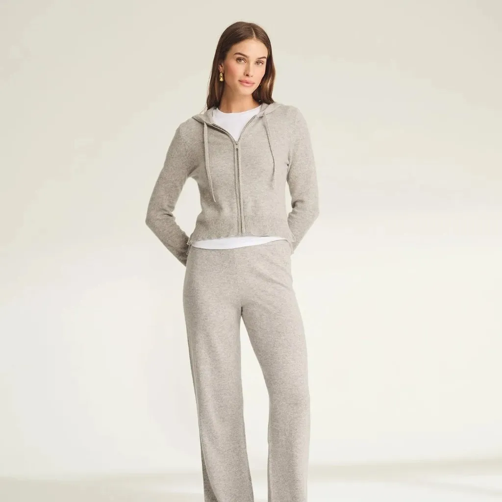 Naadam Signature Cashmere Cropped Zip Up Hoodie in Cement, Size Small - Image 2