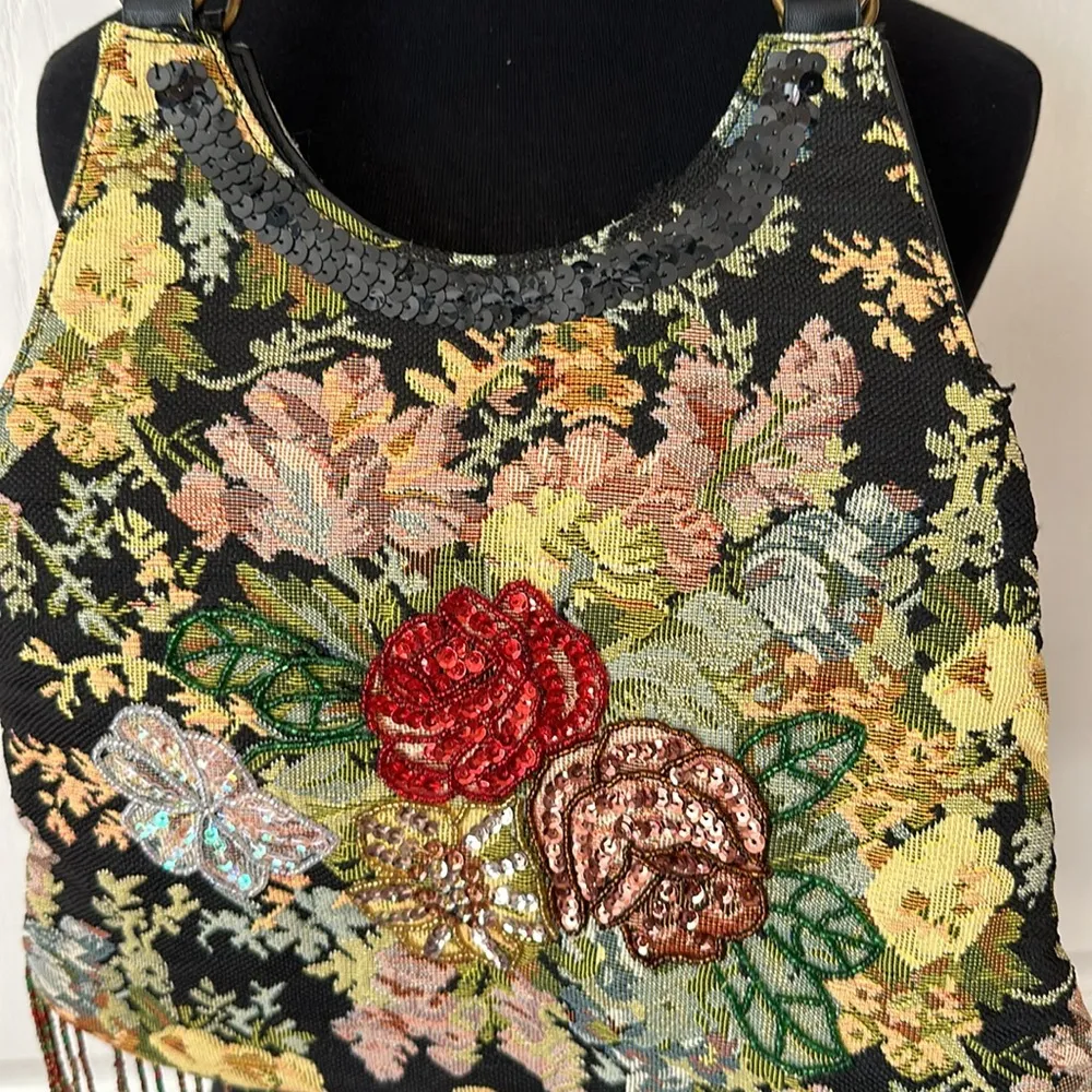 VTG PREZZO BEADED FRINGE FLORAL TAPESTRY SHOULDER BAG PURSE Black - Image 3
