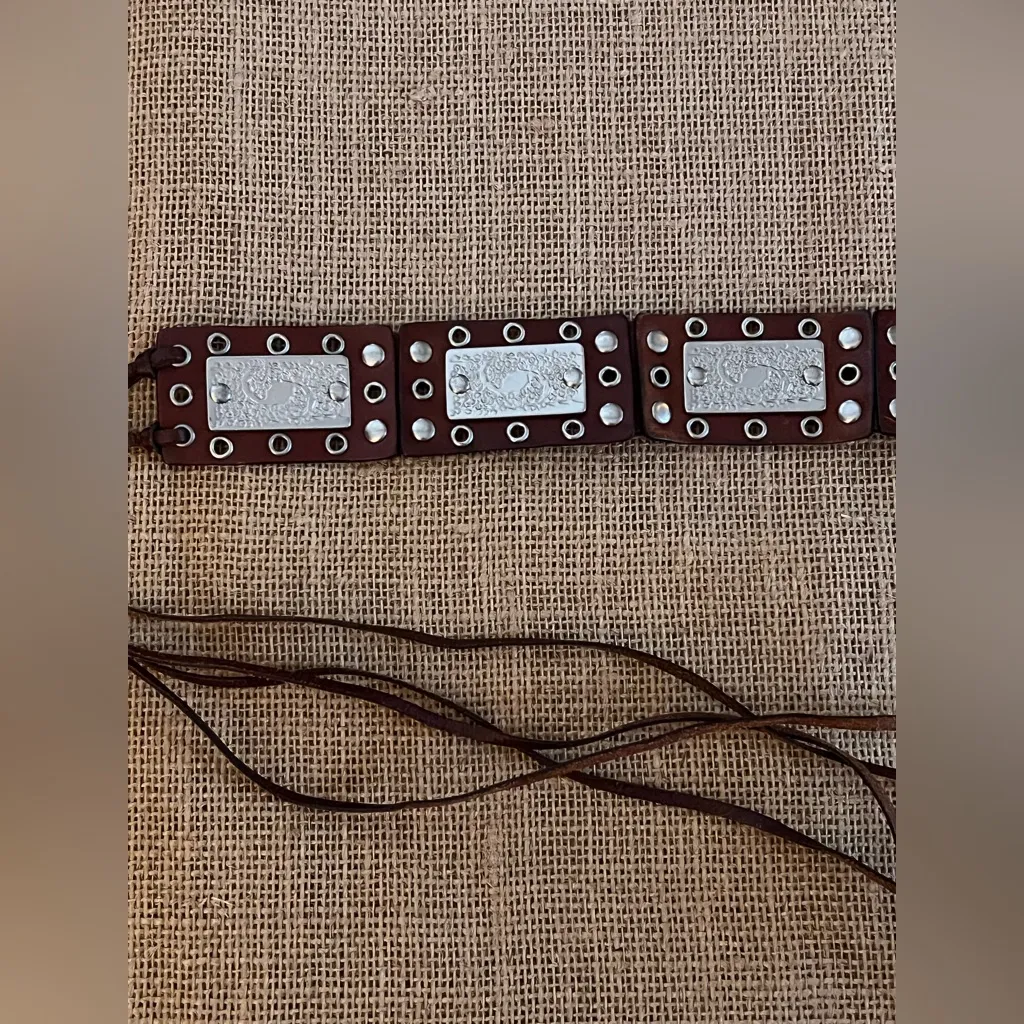 Express Brown Studded Leather Fringed Belt silver ornaments bohemian festival M - Image 6