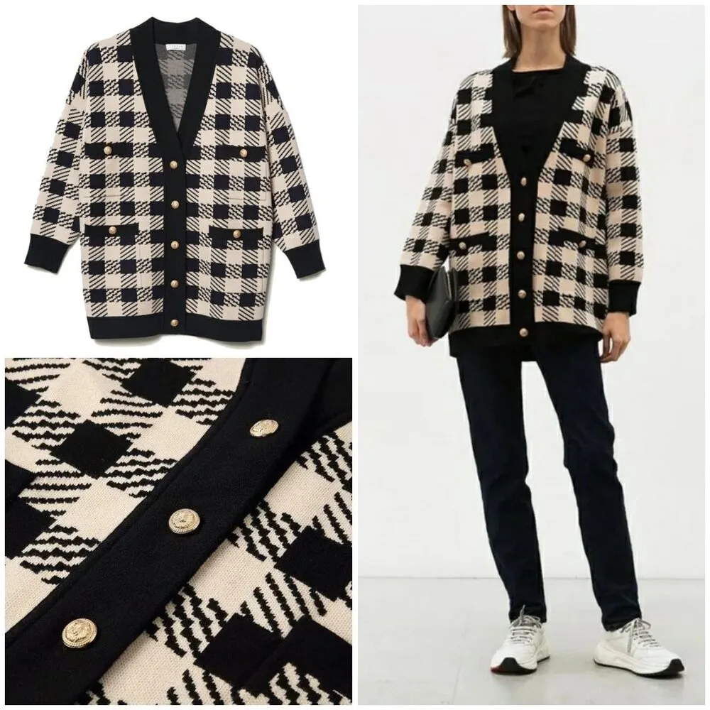 💕SANDRO💕 Jisou Oversized Checked Knitted Cardigan ~ Beige - Image 11