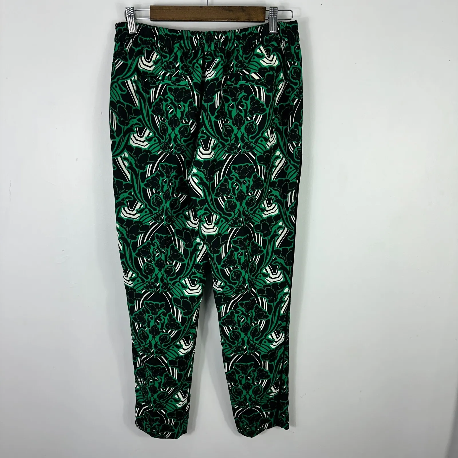 J.Crew Pants Women 4 Green Black‎ White Art Deco Print Tapered Trousers Mod Y2K - Image 2