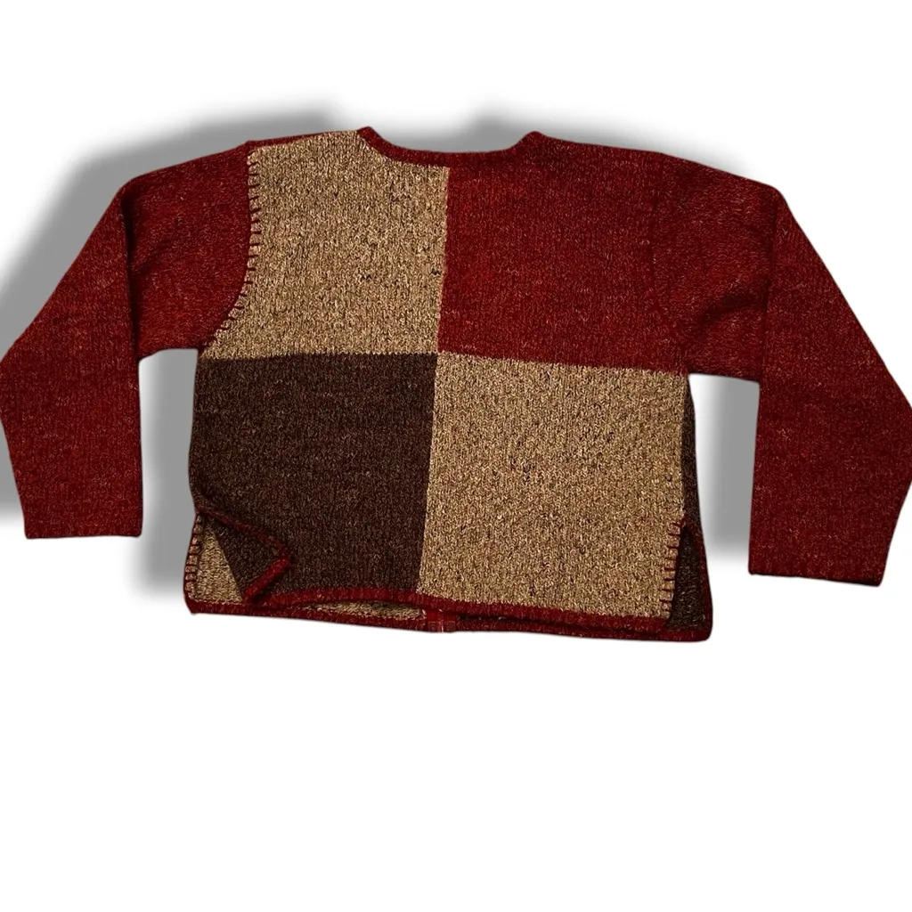 Vintage 90s Dress Barn Cardigan Sweater Colorblock Zip Up Lrg Burgandy Tan Brown - Image 5