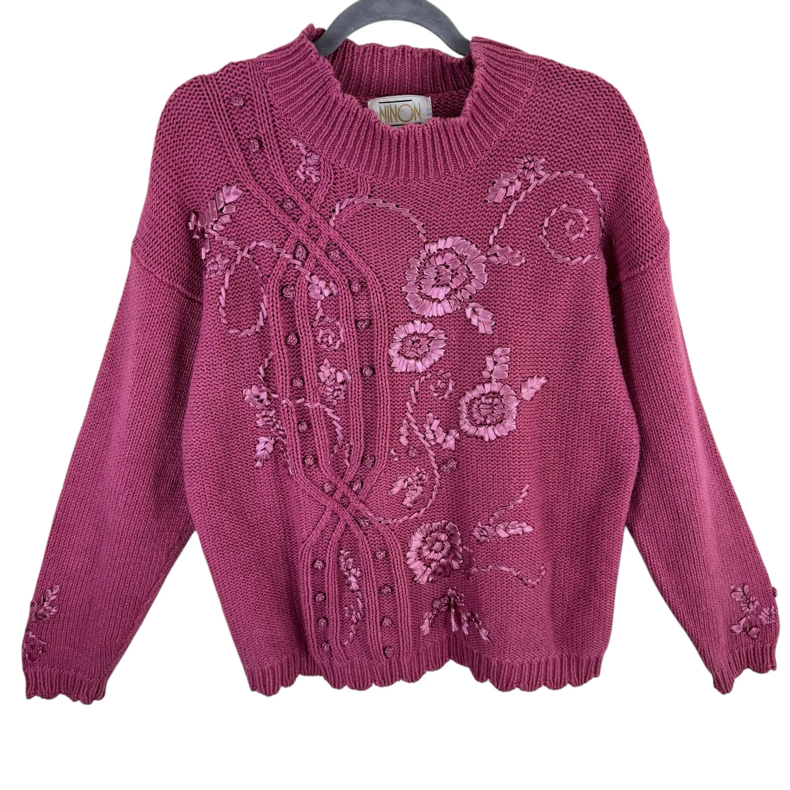 Ninon De Lenclos Vintage Pink Mock Neck Cable Knit Ribbon Embellished Sweater L Size L - Image 2