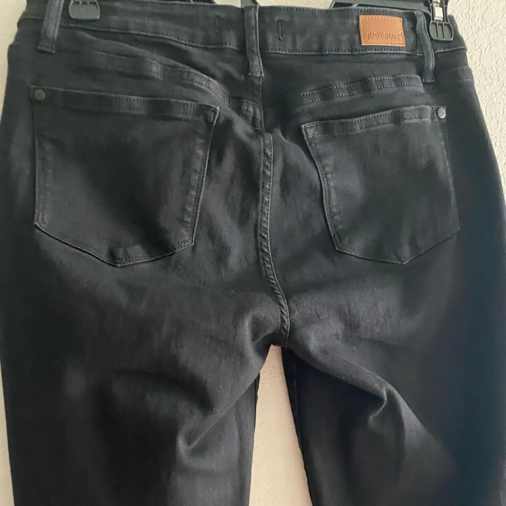 Judy Blue Black Destroyed Knee Raw Hem Mid Rise Jeans JB88137 Slim Fit Size 9 29 - Image 5