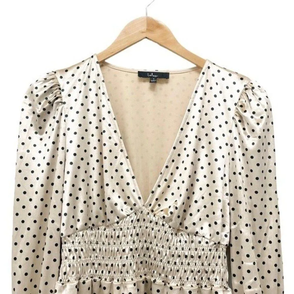 Lulus Top Chic Upgrade Champagne Polka Dot Velvet Smocked Blouse Size Small - Image 7