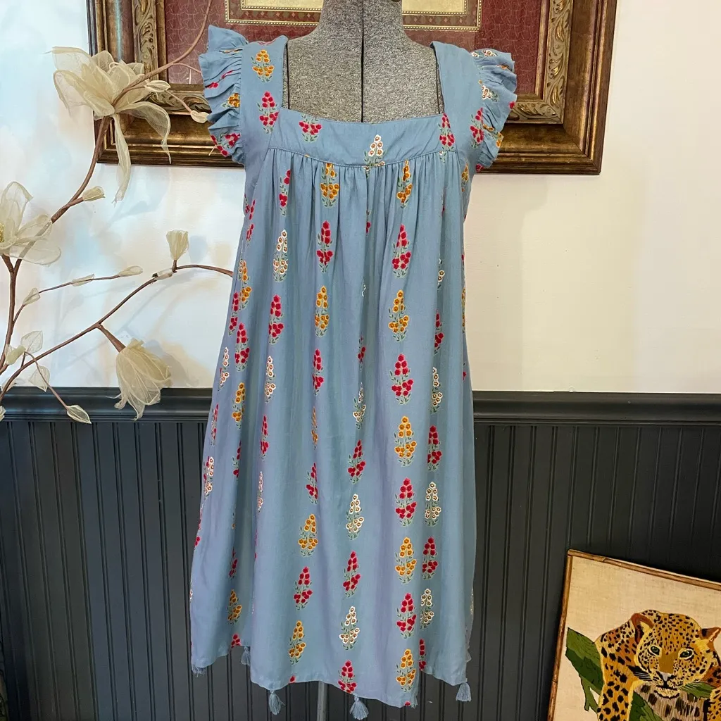 Sunshine Tienda x Tuckernuck Laura Blue Floral Tassel Mini Dress ~ Size XS/S🧡🎀 - Image 4