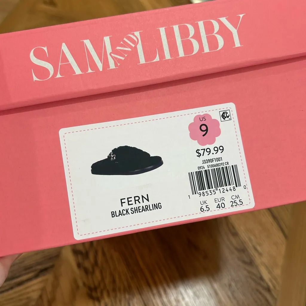 Sam & Libby Fern Black Shearling Logo Slip-On Sandals Slides Women’s Size 9 New - Image 2