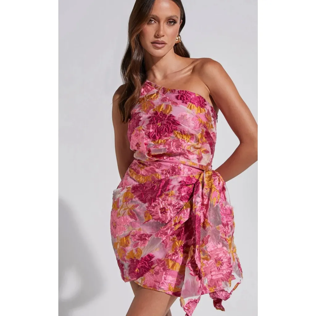 Women's Showpo One Shoulder Dress, Size 0, Pink & Gold Floral - Image 2