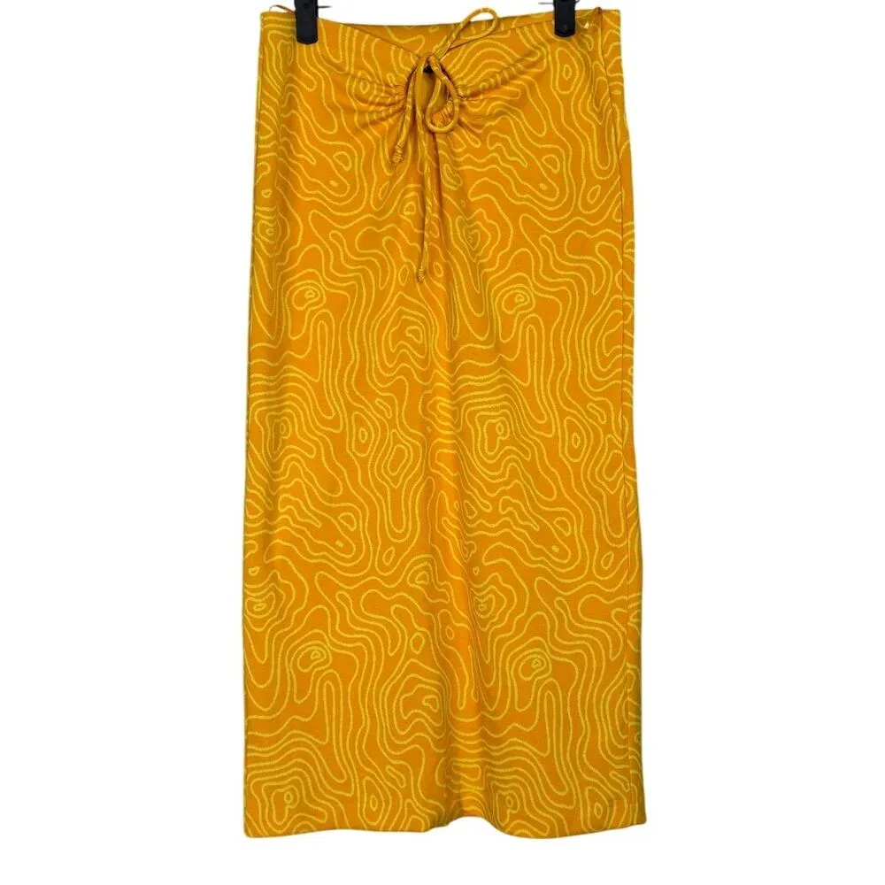ZARA Abstract Printed Keyhole Cutout Tie High Waist Midi Skirt M Orange Yellow - Image 2