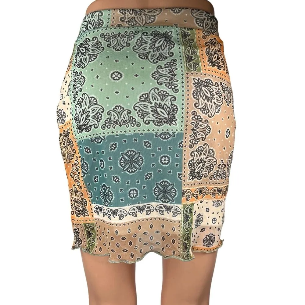 Daisy Street Coral Blue Floral Bandana Boho Patchwork Pencil Mini Skirt Size M - Image 3