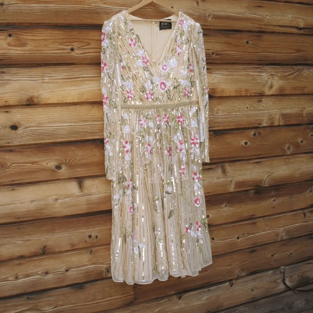 NWT Mac Duggal Floral Tea Length Dress Sequin Beaded Gold Size 14 - Image 7