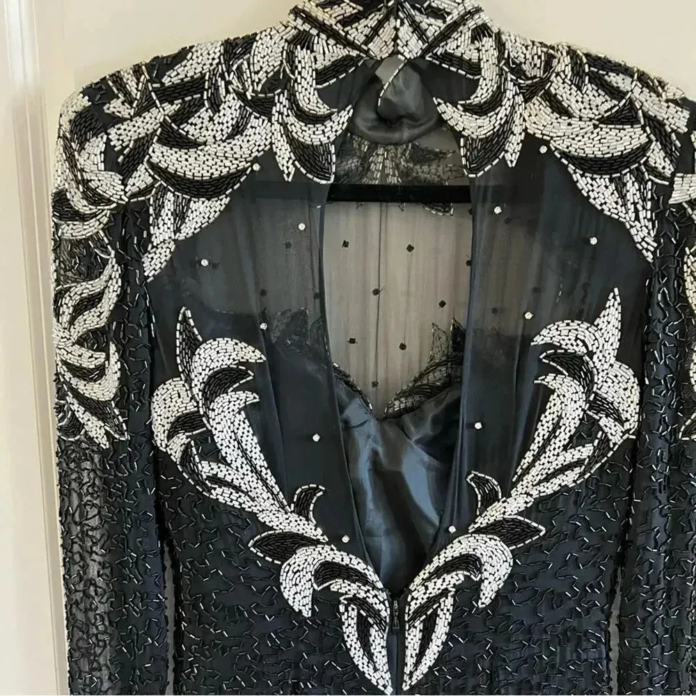 546 Vintage Lillie Rubin Black Beaded Long Sleeve Open Back Maxi Dress Size 6 - Image 5