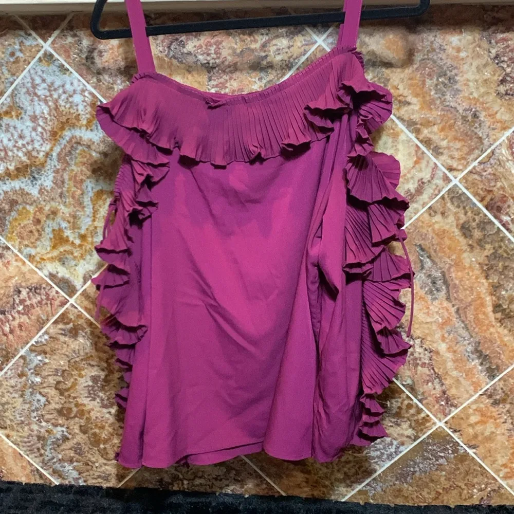 Women's Plus Size 22 Eggplant Ruffle Lace Up Sleeve Cold Shoulder Statement Top - Image 4