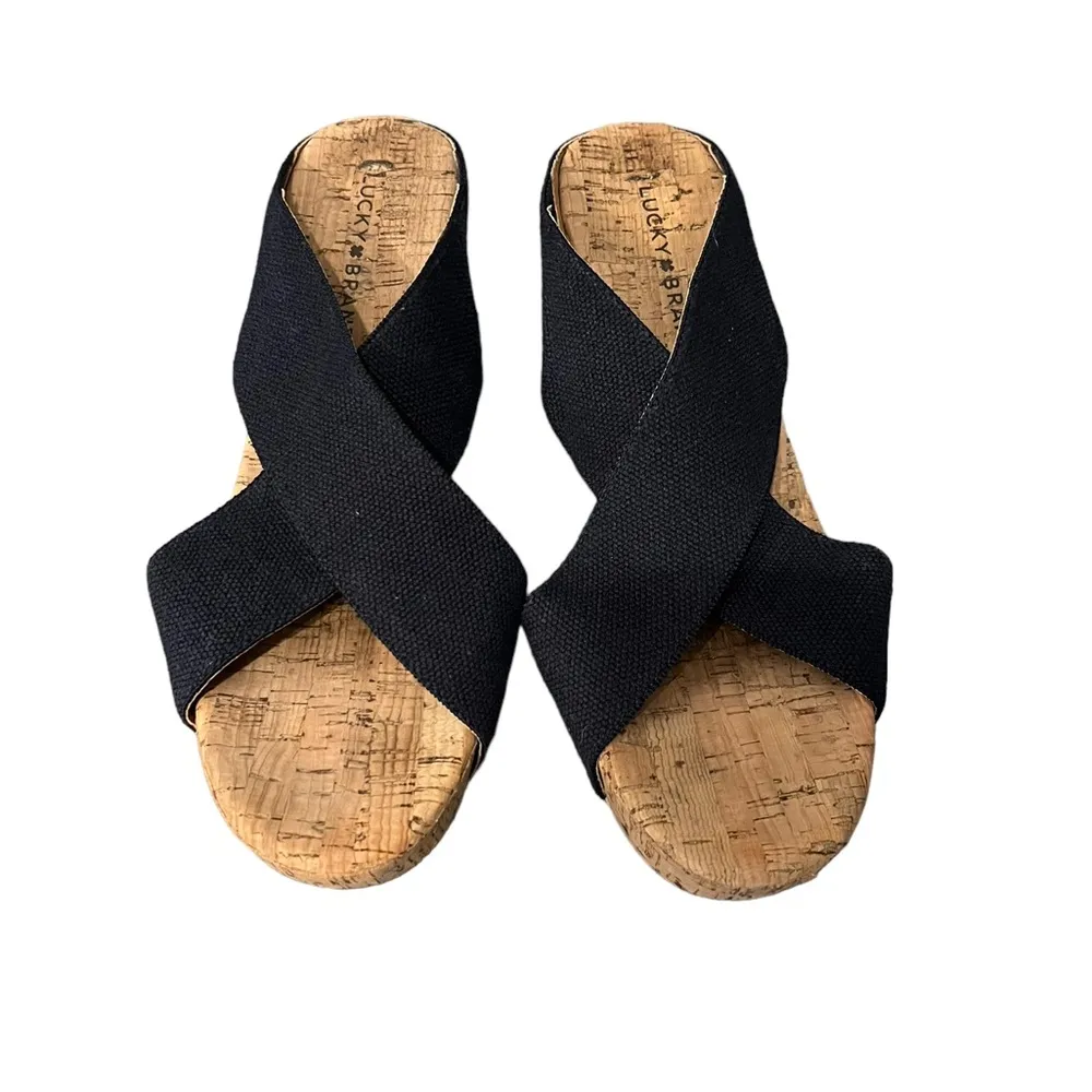 Lucky Brand Mykayla Cork Wedge Platform Peep Toe Navy Textile Upper Sandals 9.5M - Image 3