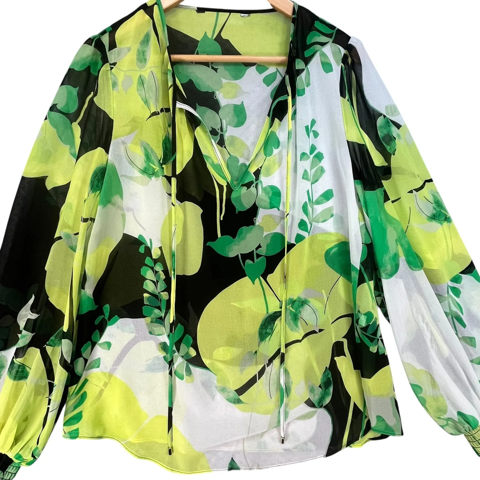 WHBM‎ Green Leaf Print Sheer Blouse Balloon Sleeves Tie Neck Medium - Image 3