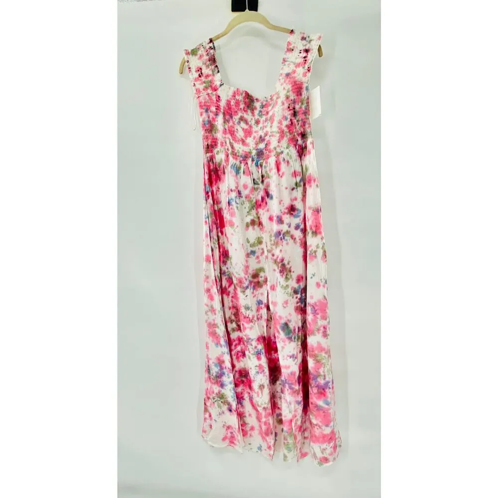 NEW AREA STARS Kaia Tie Dye Smocked Midi Dress In Multi Large Fairy Babydoll Pink - Image 2