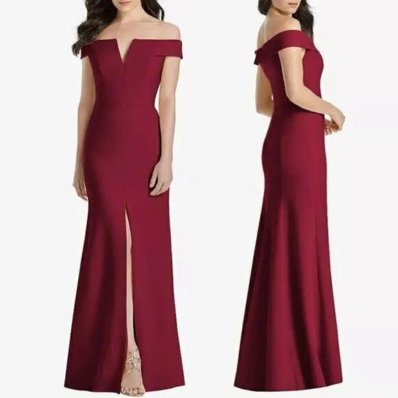 NWT Dessy Collection Off The Shoulder Notch Trumpet Gown in Burgundy 3038 Red Size 18 - Image 2