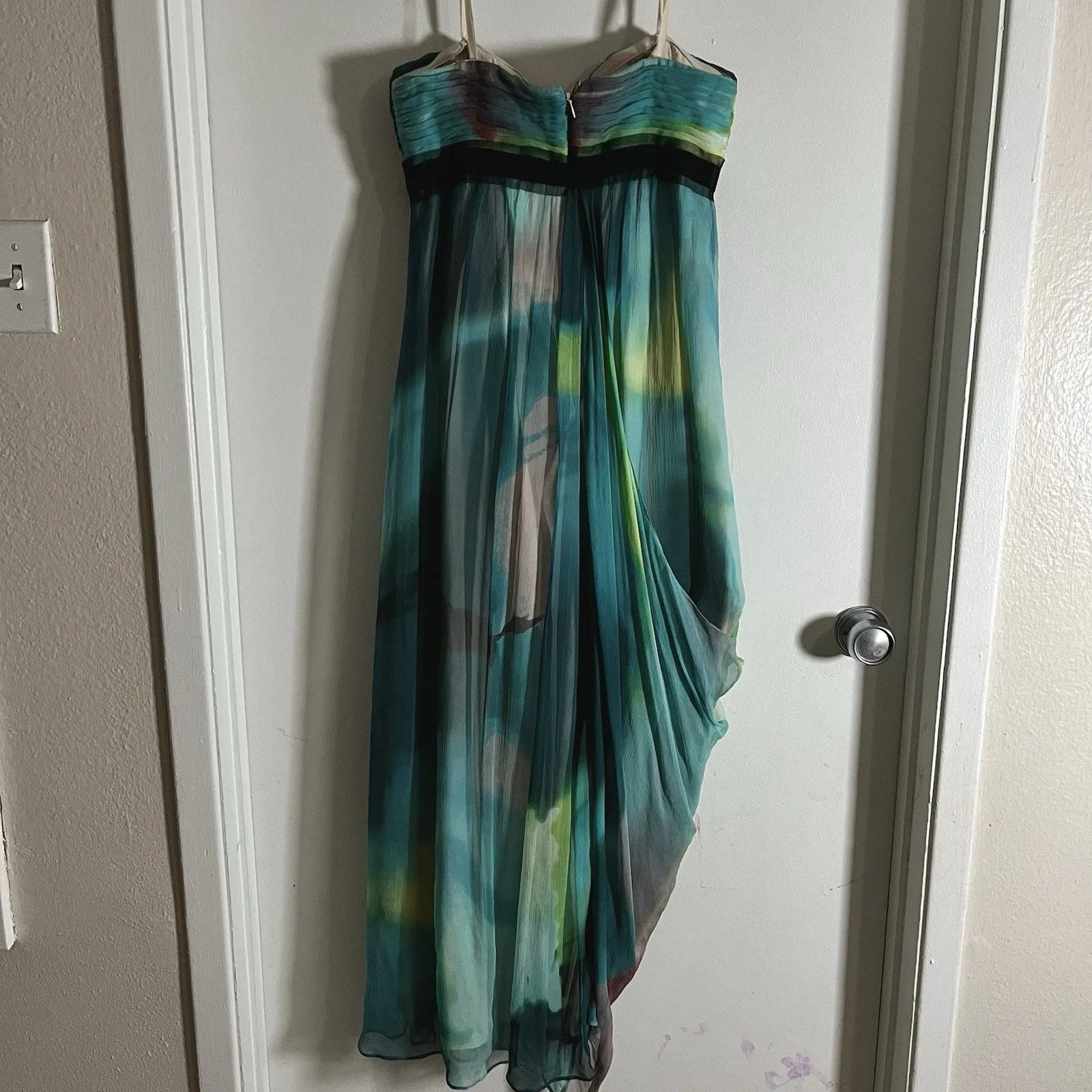 BCBGMAXAZRIA Sz 8 teal Silk Chiffon Strapless Watercolor Maxi Dress Gown - Image 4