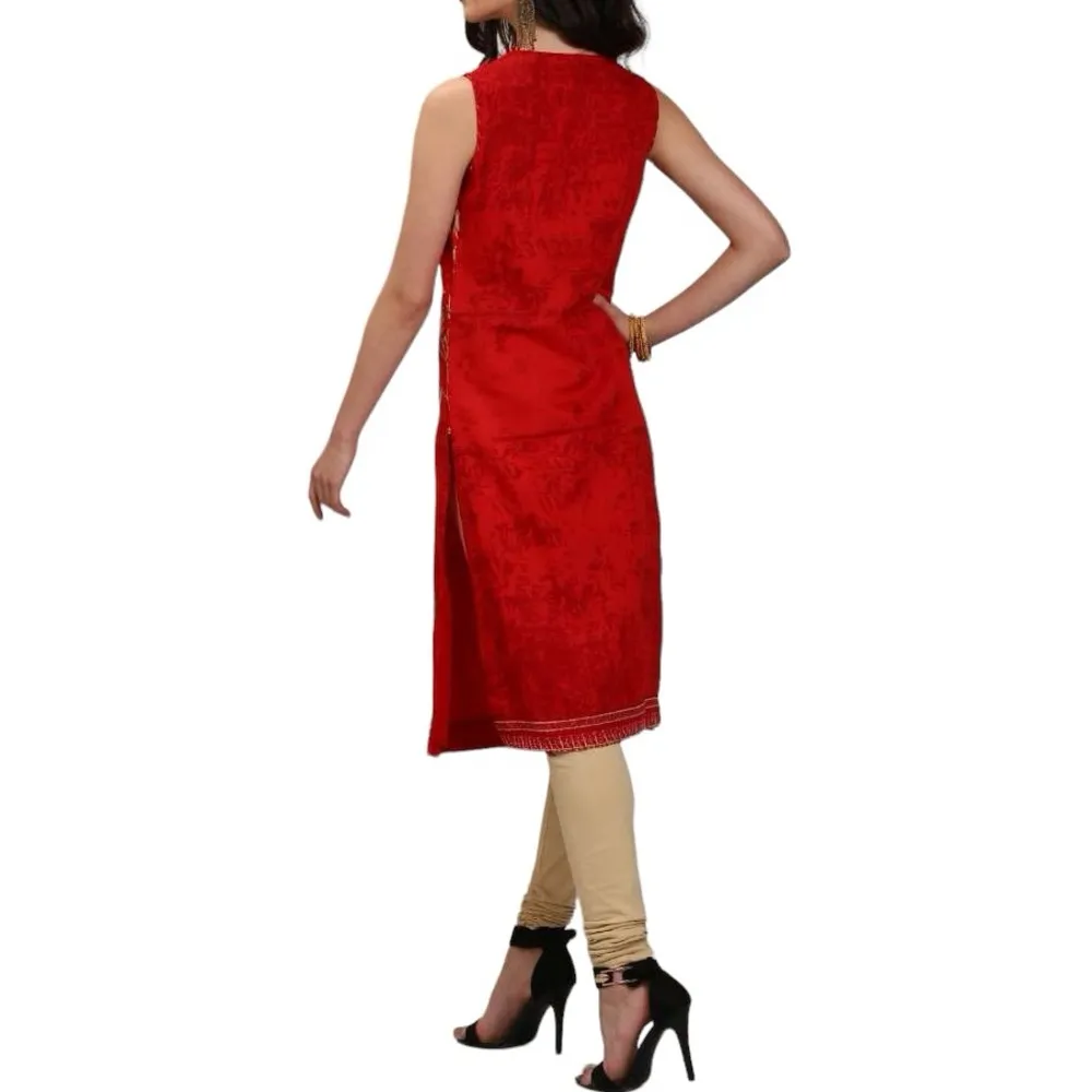 3 Piece Set Red Gold Karta Tunic Thigh Slit Matching Vest and Scarf 32 34 US 2 4 - Image 5