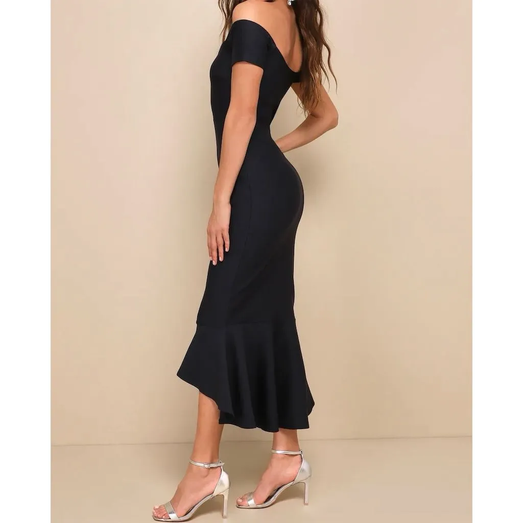 NWOT Lulus Women's How Much I Care Midnight Blue Off-the-Shoulder Midi Dress S - Image 3