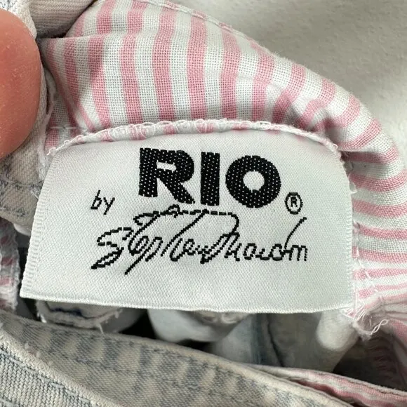 RIO Vintage 80s Denim One Piece Shortall Romper Acid‎ Washed Pink Striped Hem Blue - Image 8