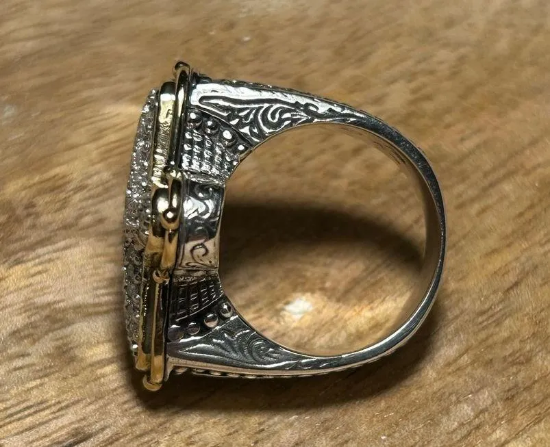 Konstantino 925 Sterling Silver & 18K Gold Diamond Pave Cross Ring RARE - Image 9