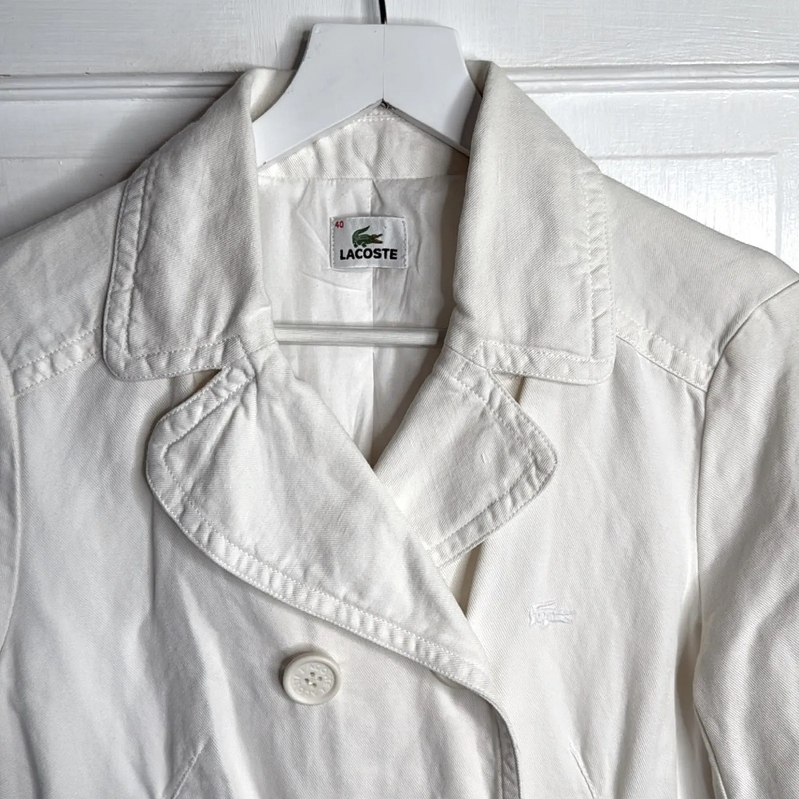 LACOSTE White Twill Denim Jacket Double Breasted Cotton/Linen W1833 Sz 40 Med - Image 2
