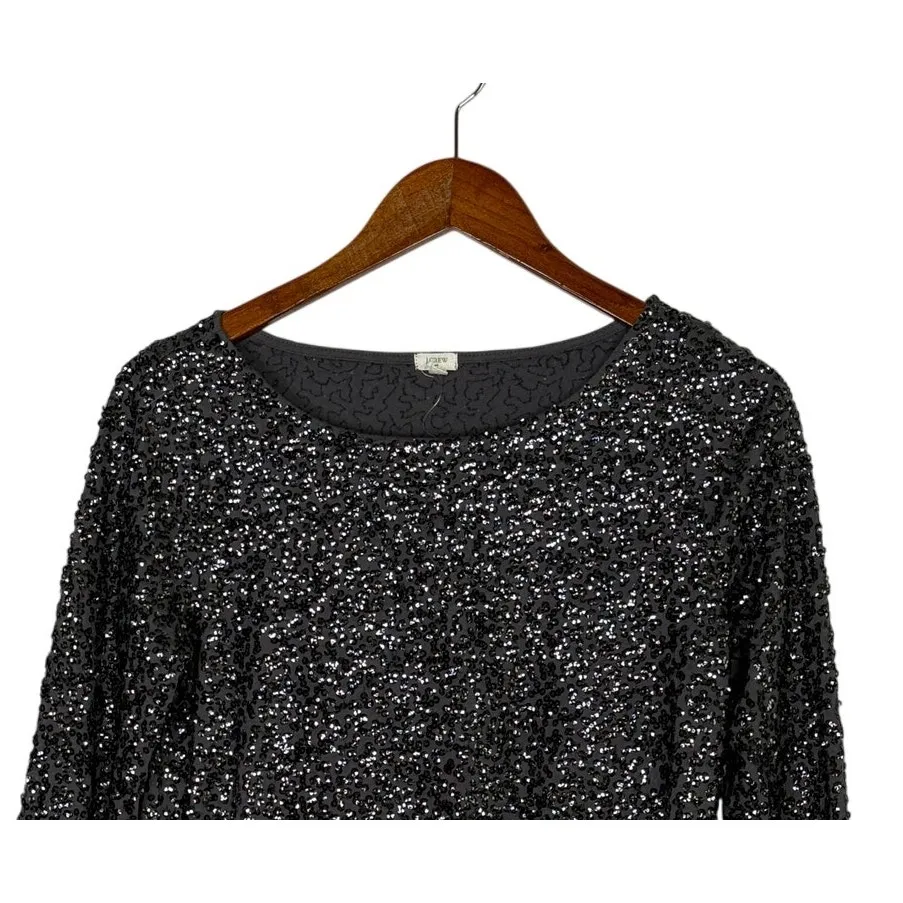 J. Crew Metallic Sequin 3/4Sleeve Stretch Sparkly Blouse Boatneck 2 Black Silver - Image 2