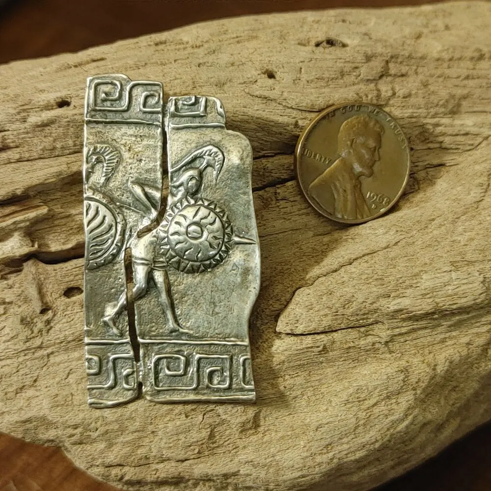 Spartan Mural Vintage Greek Warrior Brooch Shield Helmet Design Unique Split Silver - Image 9