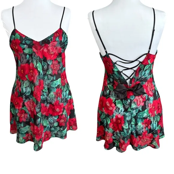Victoria's Secret Gold Label Red Black Floral Chemise Slip Dress Open Back Small - Image 2