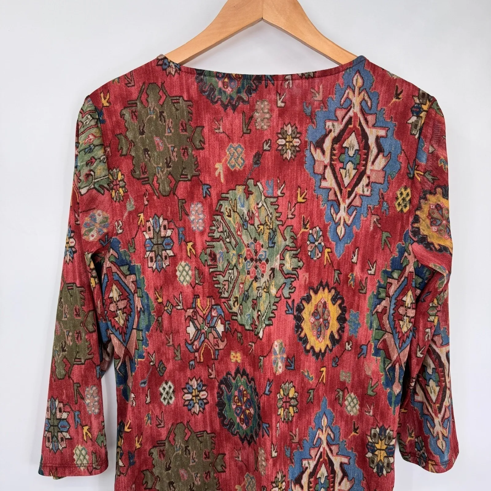 Chaps Top Woments XL Orange Red Polyester Layered Sheer Sleeves Western Aztec - Image 7