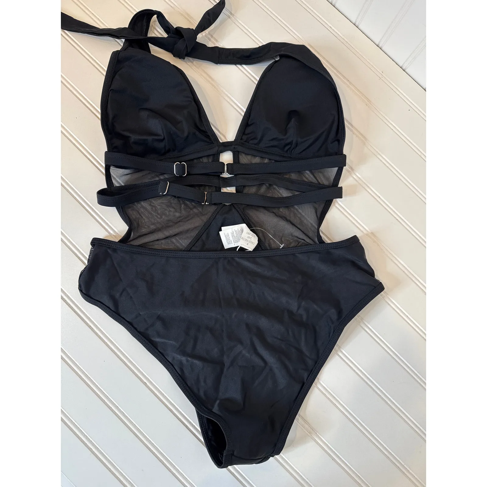 NWT Cupshe LOT OF 2 Swimsuits - Black Mesh Plunging Halter 1-PC Swim Bundle M - Image 4