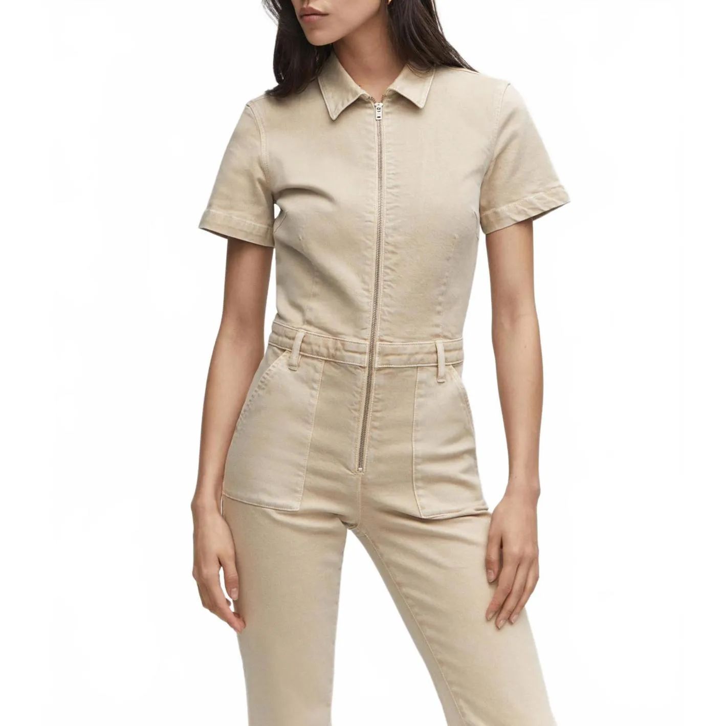 Mango Iggy Denim Zipper Jumpsuit Overall Sand Mono NWT XXL - Image 4