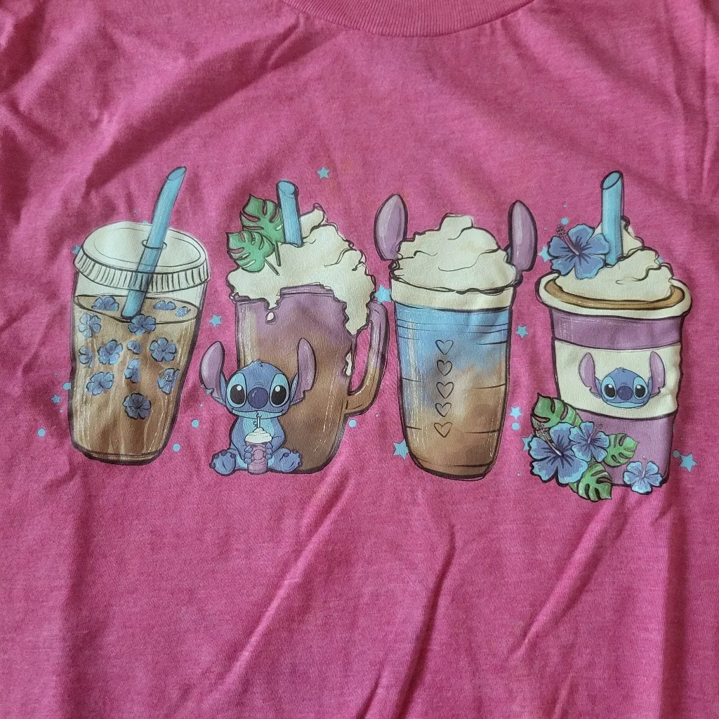 Pink Lilo & Stitch coffee cup tee. Gildan softstyle Size Small - Image 2