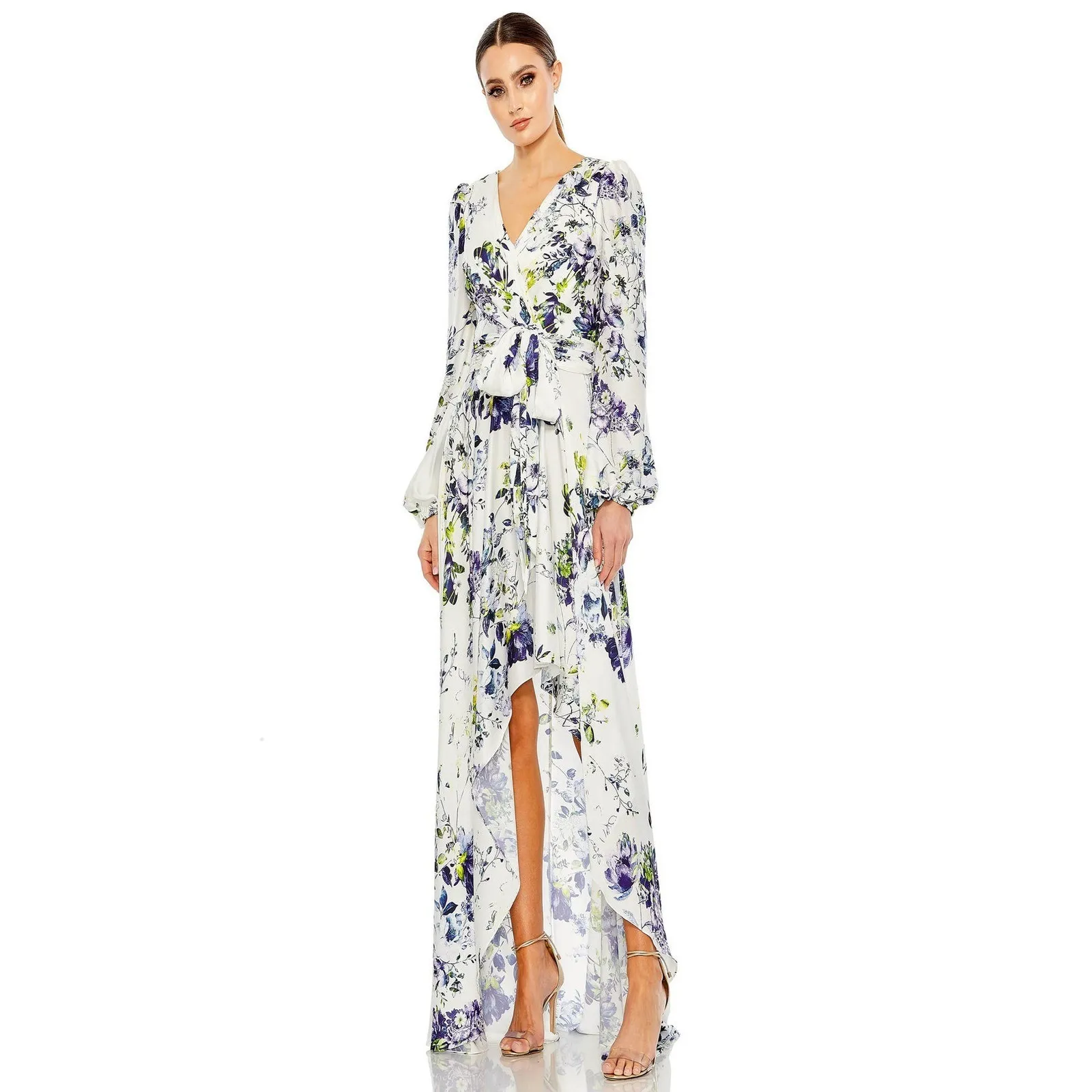 NWT Mac Duggal 11334 Floral A-Line Gown – Puff Sleeves Slit & Train Sz 2 $498 - Image 4