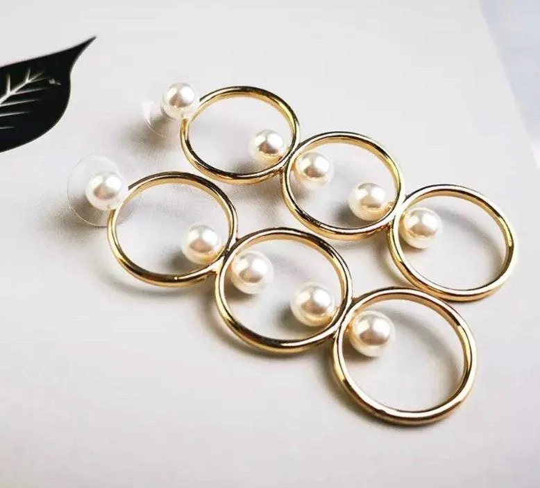 Circles Pearl Beaded Stud Drop Earrings Gold - Image 2
