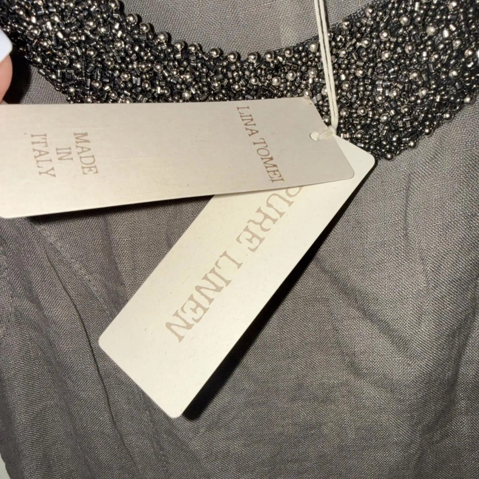 Lina Tomei Dress Womens Medium Gray Linen Made In Italy Coastal Resort Beaded - Image 3