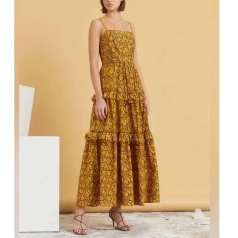 Nicholas ADELE Black and Gold Floral Cotton Tiered Ruffle Sundress‎ Size 4 Maxi - Image 10