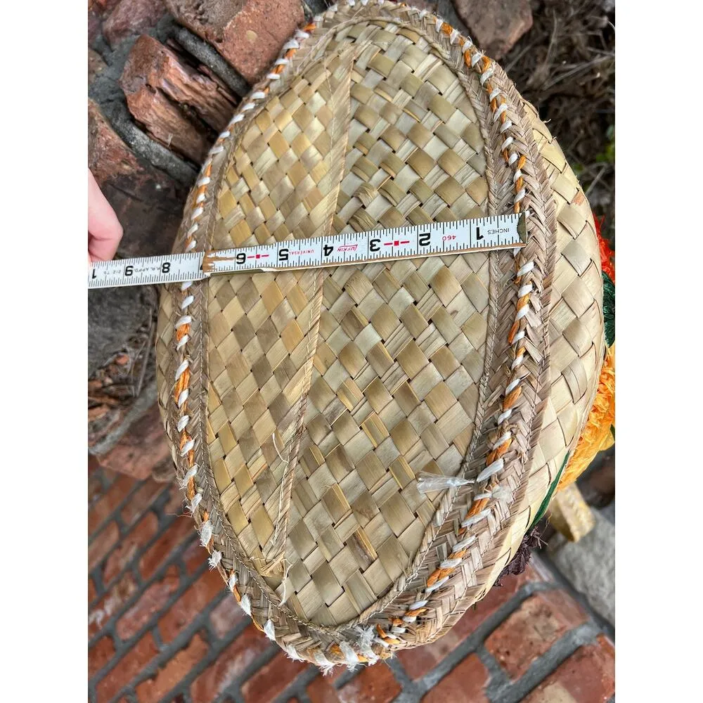 vintage raffia straw shoulder bag purse floral bucket bag yellow orange green - Image 13