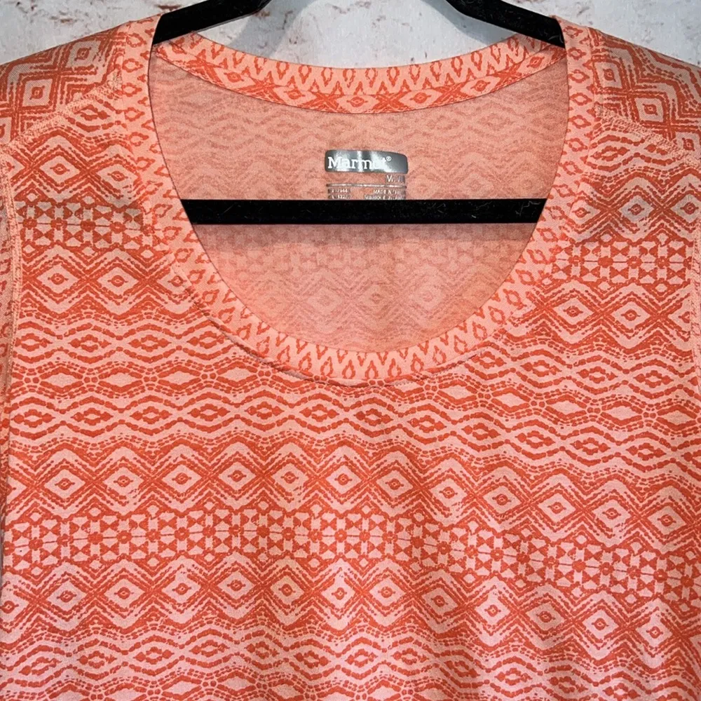 Marmot Shirt Womens Medium Orange Geo Printed Short Sleeve Hi Lo Hem Athletic - Image 2