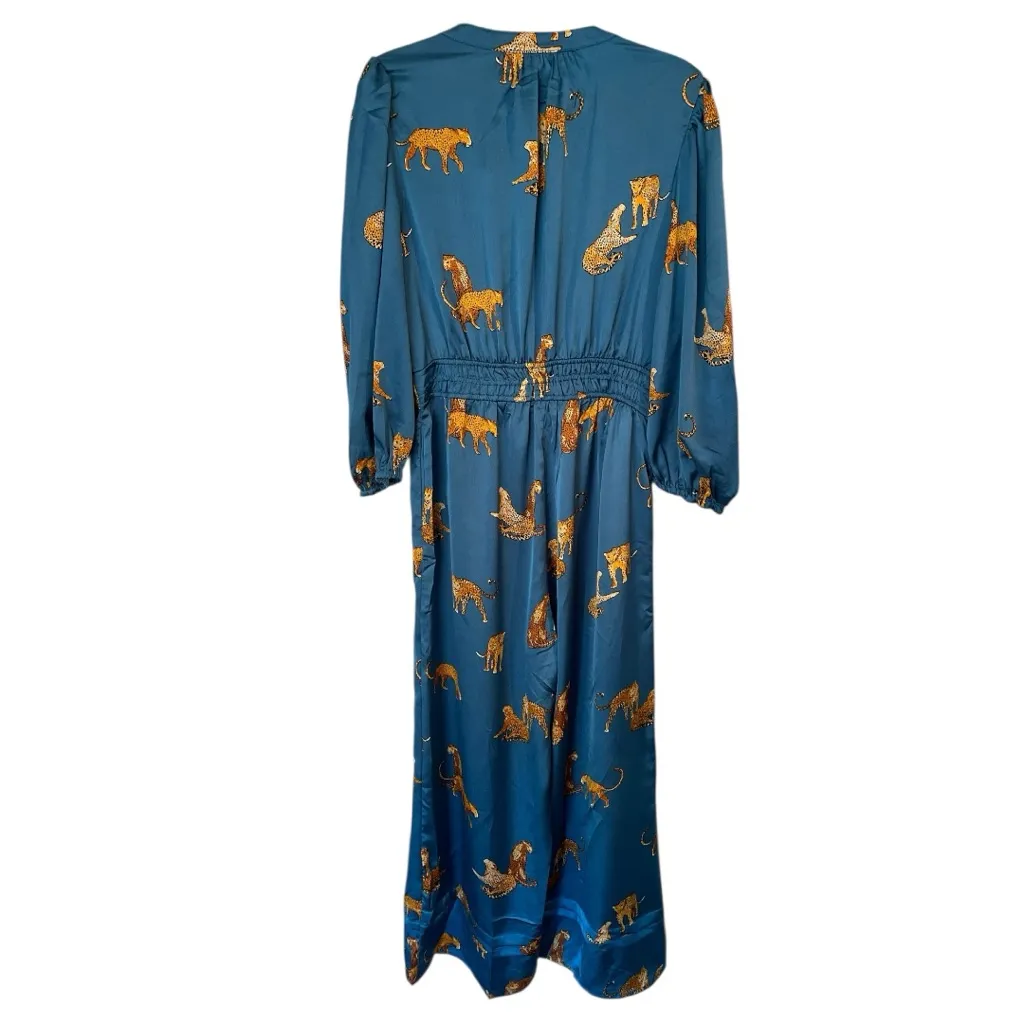 NWT UMGEE Teal Satin 3/4 Balloon Sleeve Wide Leg Tiger Print Jumpsuit, Large - Image 7