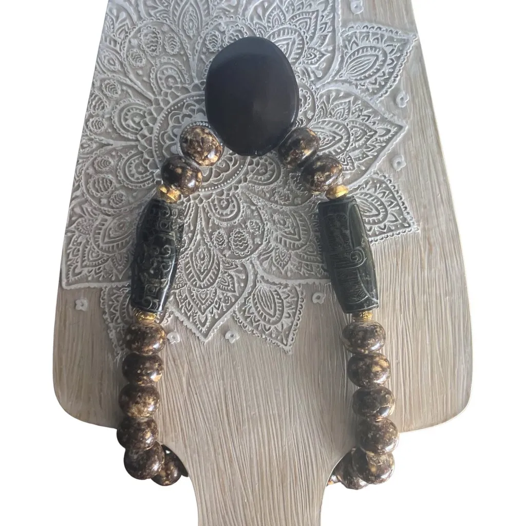 Vintage Artisan Cork Bead & Carved Wood Barrel Boho Statement Necklace Signed DL - Image 4