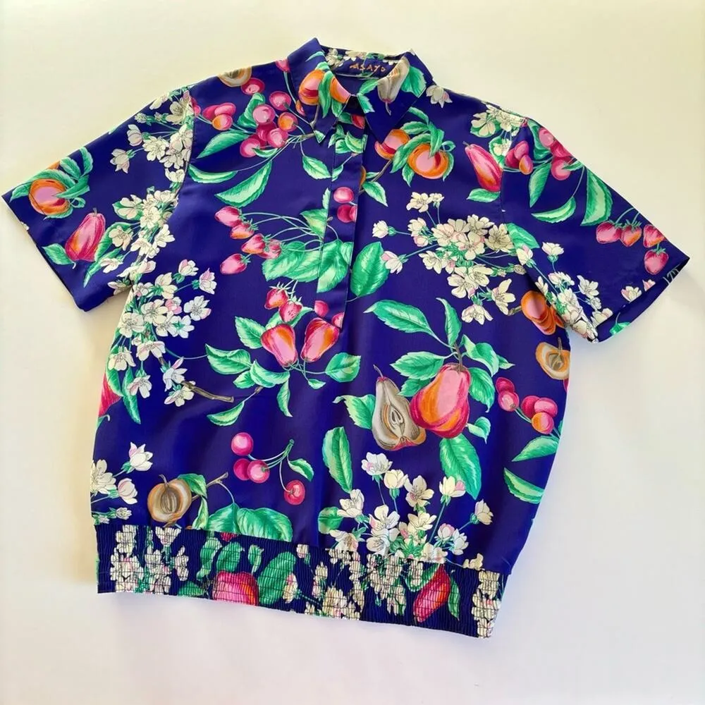 Vintage Asayo Short Sleeve Half Button Up Fruit Print Blouse Size Small Purple - Image 9