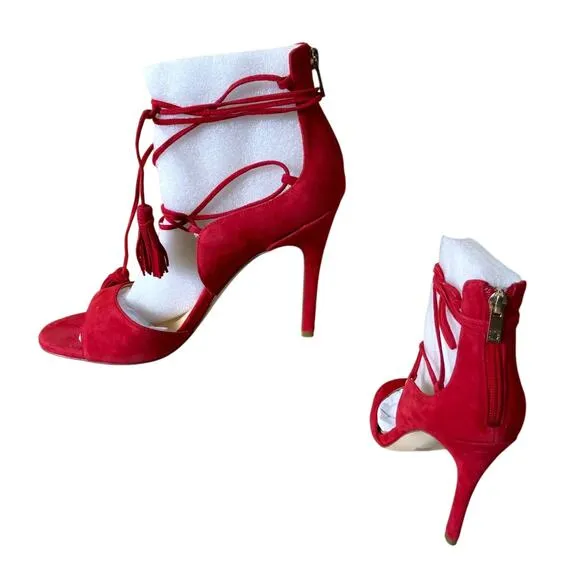 Ivanka Trump Red Suede Leather Strappy Lace Up Sandal Shoe $175 New NIB Fringe - Image 2