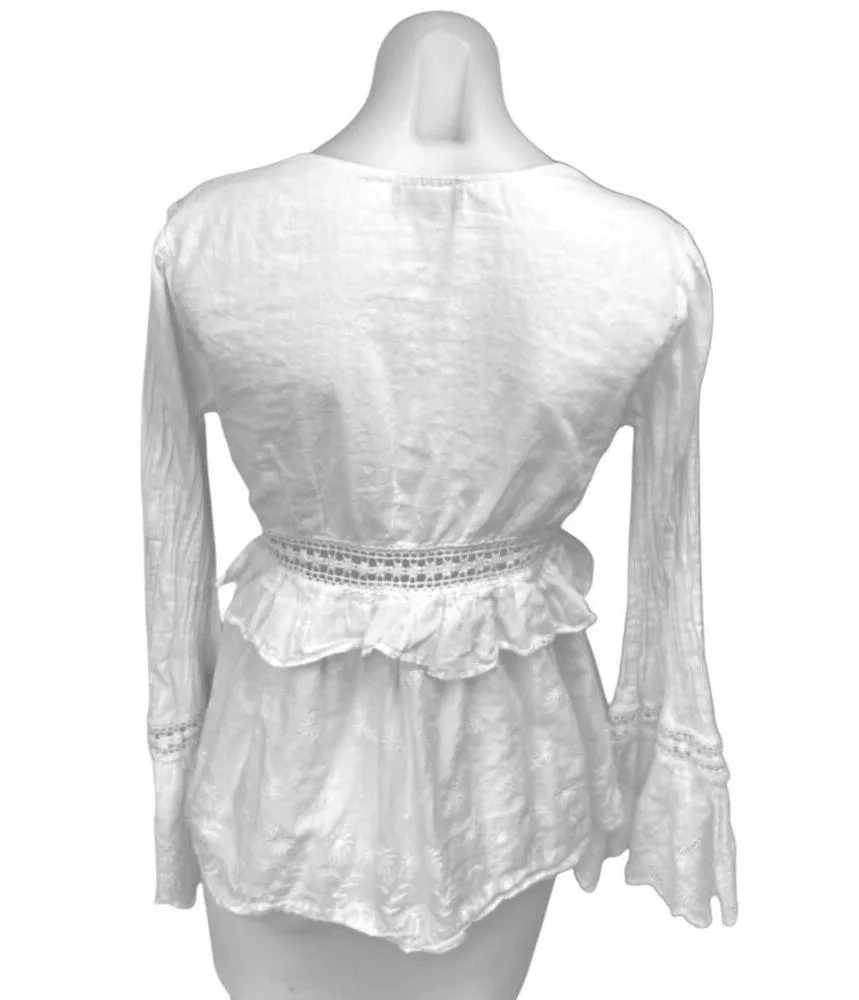 Majorelle Women's White Long Sleeve Floral Embroidered Peplum Blouse Top Size S - Image 5