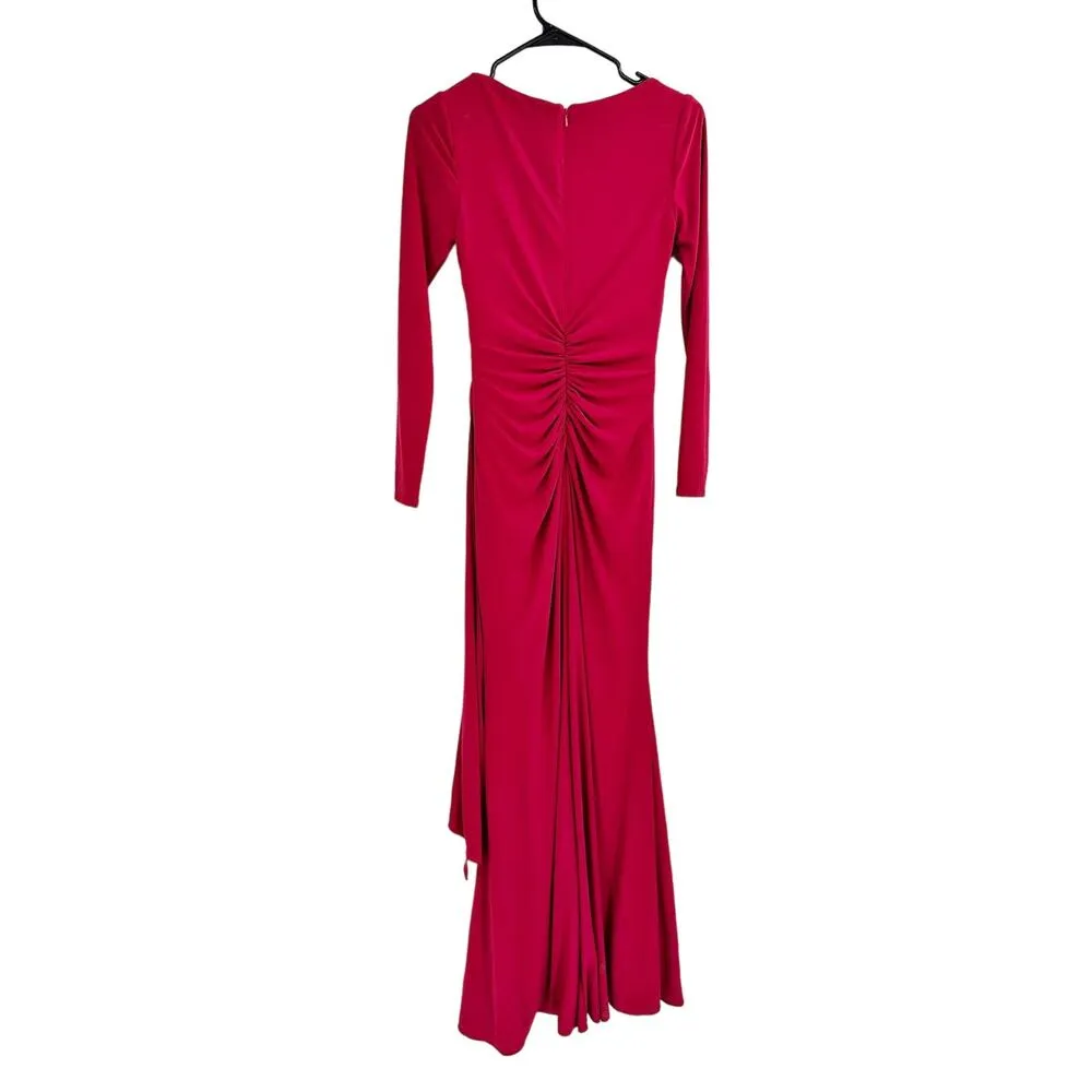 Mac Duggal 26714 Ruched Long Sleeve Cowl Neck Draped Gown Dress Berry 2 - Image 3