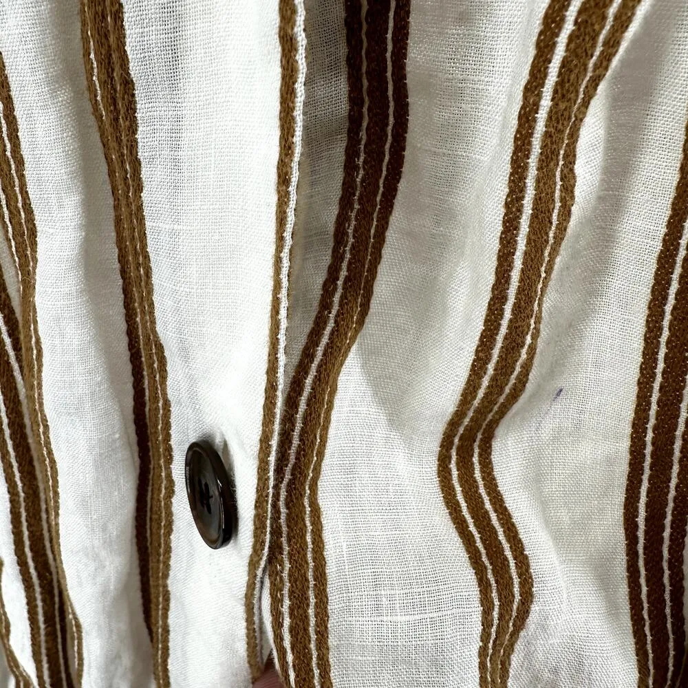 Zara Linen Midi Shirt Dress Striped Side Slit Button Down Collar Brown White L - Image 6